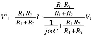 
V quote_1 = frac{R_1 R_2}{R_1 + R_2} I = frac {  frac{R_1 R_2}{R_1 + R_2} }{frac{1}{j omega C} + frac{R_1 R_2}{R_1 + R_2}}V_1
