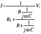 
I = frac{1}{R_L + frac{R  frac{1}{j omega C}}{R + frac{1}{j omega
C}}}V_1
