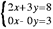 
Lbrace{ matrix 2 1 {2 x + 3 y = 8 } {0 x - 0 y = 3 } }
