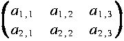 
LRparen{matrix 2 3 {a_{1 , 1}}{a_{1 , 2}}{a_{1 , 3}}{a_{2 , 1}}{a_{2 , 2}}{a_{2 , 3}}}
