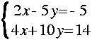 
Lbrace{matrix 2 1 {2 x - 5 y = - 5}{ 4 x + 10 y = 14}}

